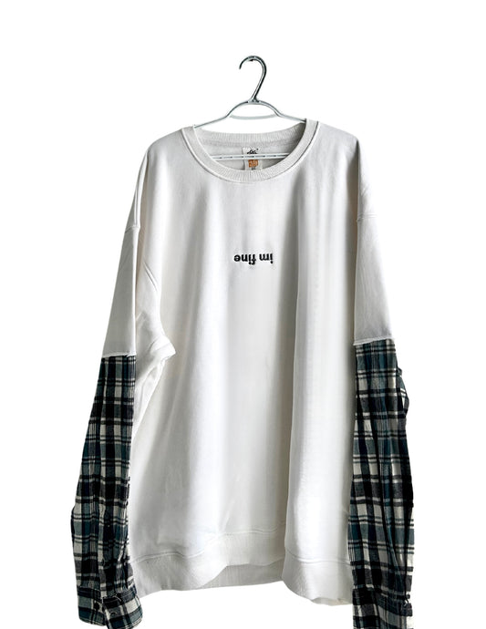 "im fine" re-worked embroidered crewneck - white/blue/green plaid