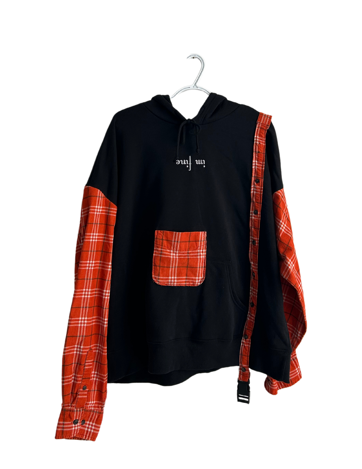 "im fine" re-worked embroidered hoodie - black/orange plaid